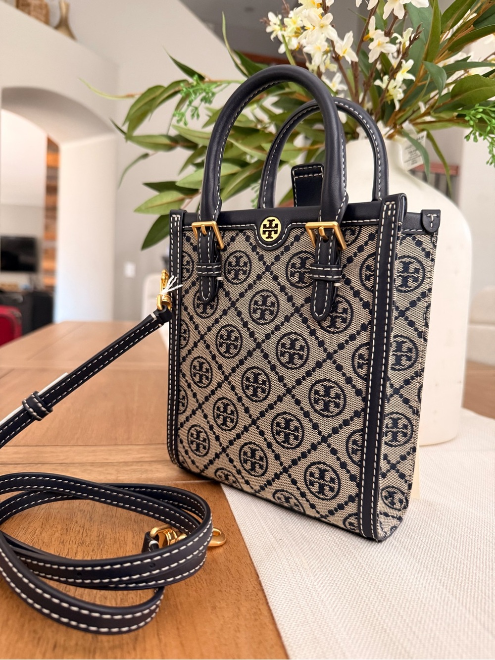 Tory Burch Jacquard 2Way Shoulder Tote Bag Leather Canvas Navy Beige Unused